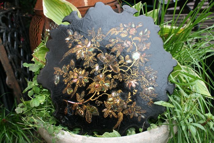 19th Century English Chinoiserie Papier Mache Wine Coaster Tray and Mid 19th Century English Victorian Period Papier Mache Tray with Mother-of-Pearl