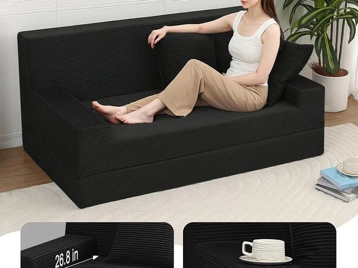 Convertible Folding Sofa Bed, Corduroy Boneless Couch, Black Folding Foam Boneless Couch with 2 Pillows, Sleeper Lounger Foldable Sofa for Small Spaces, Bedroom and Guest Room
