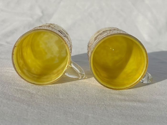 Pair Victorian Bohemian Yellow Spatter Glass Mugs - Gold Enamel - Souvenir - c1900