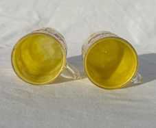 Pair Victorian Bohemian Yellow Spatter Glass Mugs - Gold Enamel - Souvenir - c1900