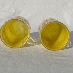 Pair Victorian Bohemian Yellow Spatter Glass Mugs - Gold Enamel - Souvenir - c1900
