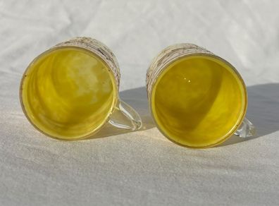 Pair Victorian Bohemian Yellow Spatter Glass Mugs - Gold Enamel - Souvenir - c1900