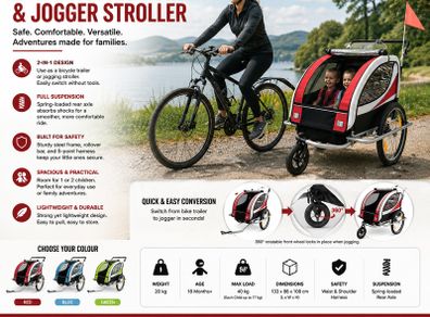 Childrens Bike Trailer with Jogger Mode and Suspension