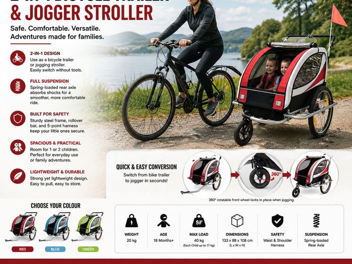 2-in-1 Child Bicycle Trailer & Jogger Stroller for 1-2 Children