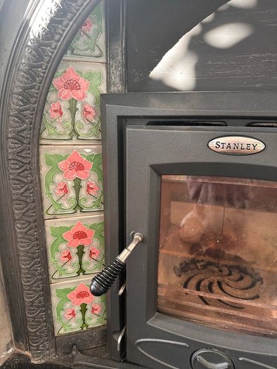 stanley stove&marble fireplace