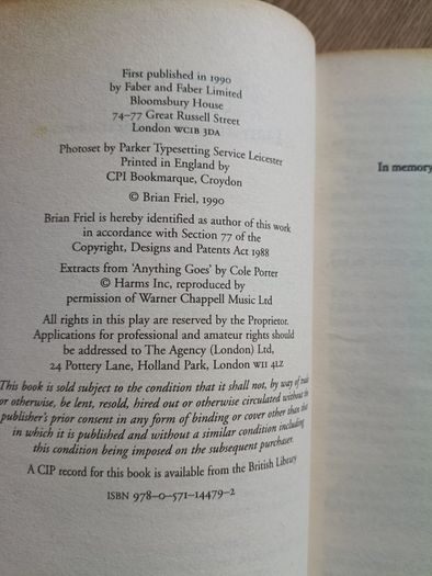 Brian Friel Dancing at Lughnasa 1990 in used condition with some underlining on some pages FREE STANDARD POSTAGE INCLUDED