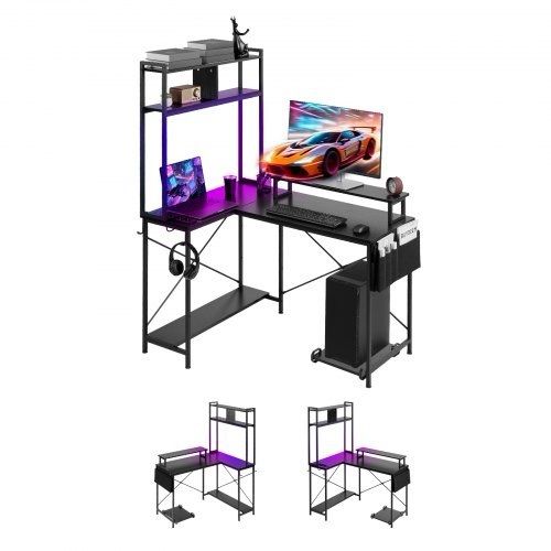 L-Shaped Gaming Desk with LED Lights, 1.2m Reversible Corner Computer Desk with Monitor Stand, Power Outlets, Movable CPU Stand & Shelf, Modern Stylish PC Gaming Table for Home Office