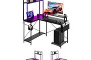 L-Shaped Gaming Desk with LED Lights, 1.2m Reversible Corner Computer Desk with Monitor Stand, Power Outlets, Movable CPU Stand &amp; Shelf, Modern Stylish PC Gaming Table for Home Office
