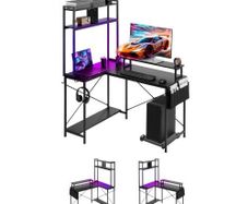L-Shaped Gaming Desk with LED Lights, 1.2m Reversible Corner Computer Desk with Monitor Stand, Power Outlets, Movable CPU Stand & Shelf, Modern Stylish PC Gaming Table for Home Office