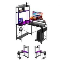 L-Shaped Gaming Desk with LED Lights, 1.2m Reversible Corner Computer Desk with Monitor Stand, Power Outlets, Movable CPU Stand & Shelf, Modern Stylish PC Gaming Table for Home Office