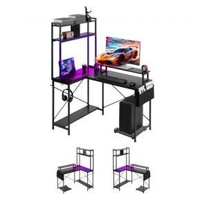 L-Shaped Gaming Desk with LED Lights, 1.2m Reversible Corner Computer Desk with Monitor Stand, Power Outlets, Movable CPU Stand & Shelf, Modern Stylish PC Gaming Table for Home Office