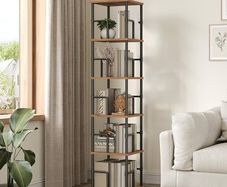 5-Tier Rotating Bookshelf, Freestanding Corner Bookshelf, 360 Spinning Bookcase, Industrial Style Storage Rack with Rails, for Living Room, Study, Home Office, Rustic Brown