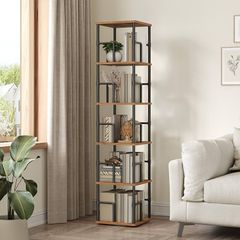 5-Tier Rotating Bookshelf, Freestanding Corner Bookshelf, 360 Spinning Bookcase, Industrial Style Storage Rack with Rails, for Living Room, Study, Home Office, Rustic Brown
