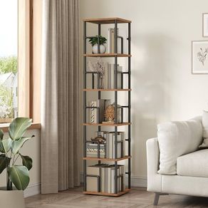 5-Tier Rotating Bookshelf, Freestanding Corner Bookshelf, 360 Spinning Bookcase, Industrial Style Storage Rack with Rails, for Living Room, Study, Home Office, Rustic Brown