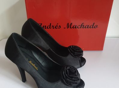 Andres Machado Black Satin Ladies Peeptoe Pumps Heels Shoes Size EU36 UK3 Wedding CAN POST