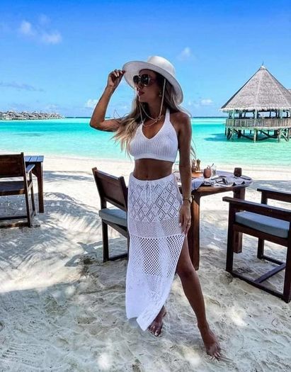 Set Openwork Summer Top Skirt Knitted