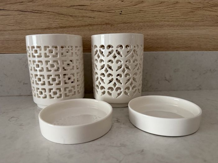 2x white ceramic orchid planters with saucers