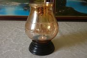 Vintage Etched Amber Glass Hurricane Lamp With Black Base Stand