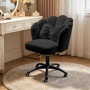 Cute Petal Desk Chair Velvet Vanity Chair with Bow Cushion,Butterfly Home Office Chairs for Bedroom Computer Task Chairs with Back(Black)
