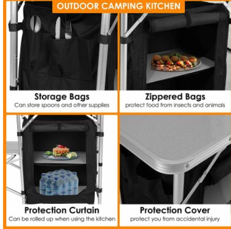 Kitchen Table/Cabinet Camping Large Sturdy Portable Folding Cooking Storage Rack Zippered Bag Outdoors Windproof Black
