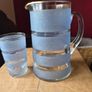 Vintage mid-century frosted blue & clear striped glass lemonade jug & glass Image 5