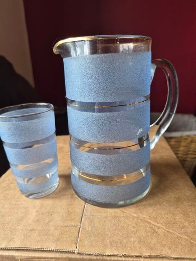Vintage mid-century frosted blue & clear striped glass lemonade jug & glass