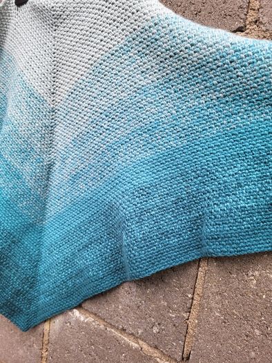 Handmade crochet triangle wool shawl wrap. Teal and mint gradient ombre shawl
