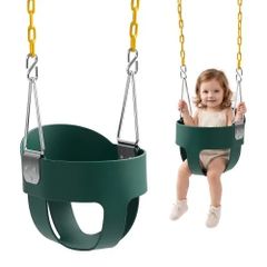 Toddler Swing 136 kg High Back Full Bucket Baby Swing Seat Green, for Outdoor & Indoor Backyard Playground, Heavy-Duty Coated Chains and Carabiners, Fully Assembled Seat for Toddlers Age 3+