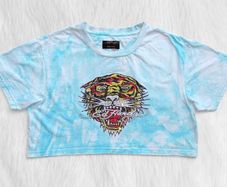 Ed Hardy LOS Tigre Tiger Rhinestone Tie Dye Crop T-Shirt Turquoise Small S
