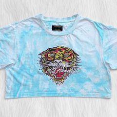 Ed Hardy LOS Tigre Tiger Rhinestone Tie Dye Crop T-Shirt Turquoise Small S