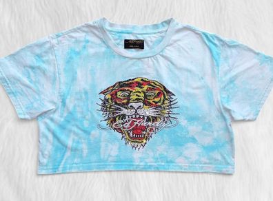 Ed Hardy LOS Tigre Tiger Rhinestone Tie Dye Crop T-Shirt Turquoise Small S
