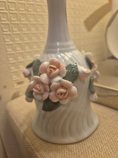 Vintage Porcelain Hand Bell with 3D Pink Roses - Perfect Condition