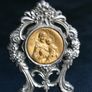 Vintage Embossed silvered Metal Brooch Plaque Stand Golden Medallion Art religious Circa1950s 3" Image 2