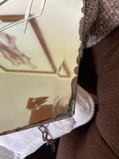 Large Vintage Mid Century Bevelled Mirror with Chain Reverse Etched Chinoiserie Detail