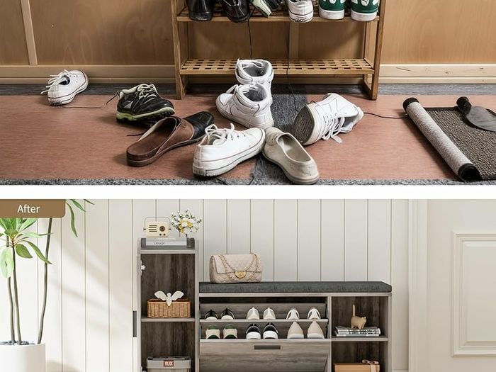 Shoe Storage Bench with Cushion, Grey Shoe Bench 105cm Lounge with 2 Shelves and 4 Compartments, Hallway Storage Unit with Seat, Living Room