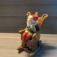 VINTAGE Ceramic Elf on a Rocking Chair Ornament