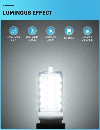 G9 Led Bulbs Cool White, 5W, 500LM, 6000K, Equivalent to 50W Halogen, Non-Dimmable Energy Saving Light Bulb for Home Lighting Decor, Chandelier, Wall Light, Crystal Lamp-5 Packs [Energy Class E]