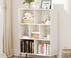 7 Cube Bookshelf, 3 Tier Modern White Bookcase with Legs, 31 inch Wooden Book Shelf, Toy Storage Organizer, Floor Standing Display Cabinet Rack for Hoom Office, White