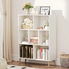 7 Cube Bookshelf, 3 Tier Modern White Bookcase with Legs, 31 inch Wooden Book Shelf, Toy Storage Organizer, Floor Standing Display Cabinet Rack for Hoom Office, White
