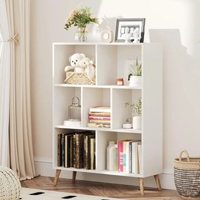 7 Cube Bookshelf, 3 Tier Modern White Bookcase with Legs, 31 inch Wooden Book Shelf, Toy Storage Organizer, Floor Standing Display Cabinet Rack for Hoom Office, White