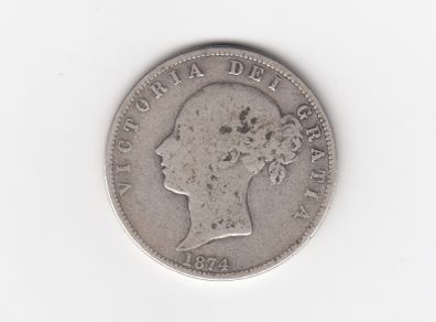 1874. Half Crown, 2/6, 92.5% Silver, Victorian Coin ( no.395)