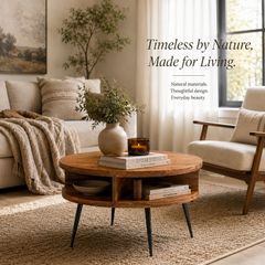 Round Sheesham Solid Wood Coffee Table 60 cm with Open Shelf