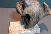 Free form bog oak statue on red marble