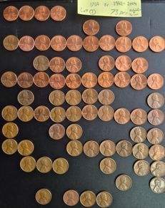United States one-cent coins from 1942 to 2004.