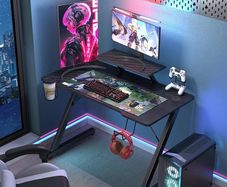Gaming Desk 100 x 55 cm, Gaming Desk with Monitor Shelf, PC Gaming Table Gaming Table with Carbon Fibre Surface, Gaming Table, Computer Desks for Home with Drink Holder and Headphone Hooks