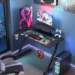 Gaming Desk 100 x 55 cm, Gaming Desk with Monitor Shelf, PC Gaming Table Gaming Table with Carbon Fibre Surface, Gaming Table, Computer Desks for Home with Drink Holder and Headphone Hooks