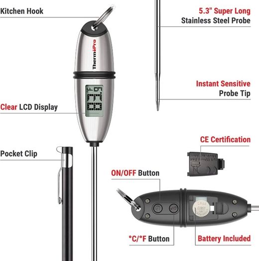 Digital Meat Thermometer, Instant Read Thermometer for Air Fryers Cooking, 13.5cm Temperature Probe with Tip Cover, Auto-Off and Non-Slip Ring, Ideal for Cooking BBQ Sugar Jam Kitchen (FREE POSTAGE)