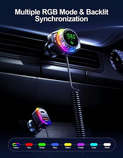 Bluetooth Car Adapter, Bluetooth 5.3 FM Transmitter for Car, 48W Dual USB Bluetooth Adapter with HiFi Sound & Bass Mode, Hands-Free Calling, Customizable RGB Light, Voice Assistant Support