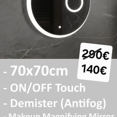 LED Bathroom Mirror Antifog 70cm Demister Makeup Round