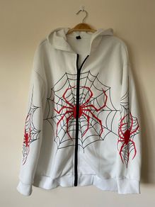 Spider Web Printed Hoodie With Drop Shoulder Design,  White and Red